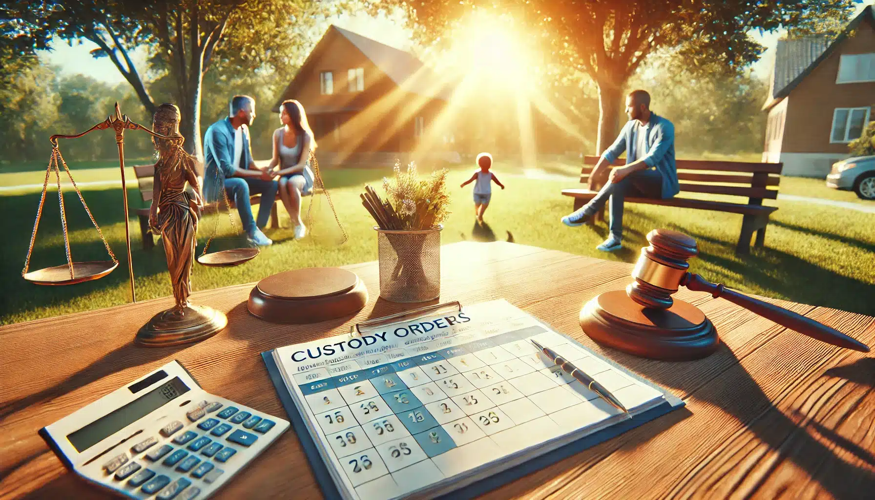 A cinematic, photo-realistic wide-angle image capturing summer vibes. The scene represents the concept of custody orders in family law. An outdoor setting in a bright park features a table with legal documents, a symbolic gavel, and a calendar displaying a visitation schedule. Parents are seen nearby, calmly discussing arrangements, while a child plays happily in the background. Warm sunlight filters through the trees, emphasizing structure, balance, and the well-being of the child.
