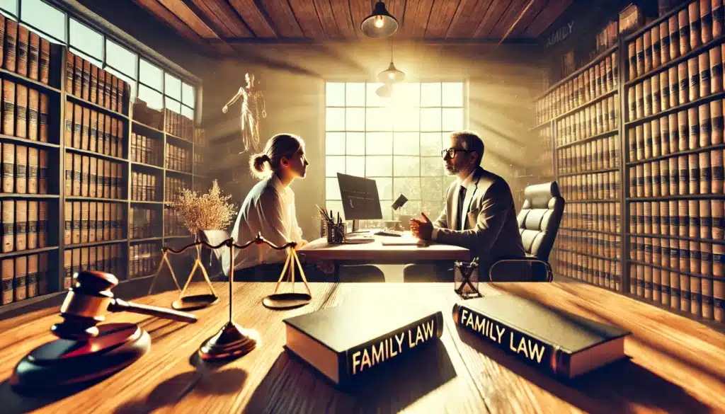 A wide angle, photo-realistic, cinematic summer vibe image of a family law attorney with extensive experience providing legal advice. The attorney is sitting at a desk in a modern office, surrounded by legal books, documents, and a computer. They are speaking with a client, offering professional and compassionate advice. The sunlight filters through the window, casting a warm glow across the room, creating a calm and inviting atmosphere. The scene emphasizes the attorney’s expertise and personal connection with clients, reflecting the trust and support they provide during family law matters. The background subtly includes family law materials and symbols of justice.