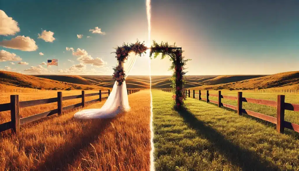 A cinematic, wide-angle, photo-realistic image with summer vibes depicting a symbolic representation of a void marriage. The scene shows a split wedding arch in a sunlit Texas prairie, with one side vibrant and the other side faded or crumbled, symbolizing legal dissolution. Rolling hills, clear blue skies, and a rustic fence form the backdrop, creating a warm and inviting yet thought-provoking atmosphere. The image should capture the emotional weight and legal concept of a void marriage.
