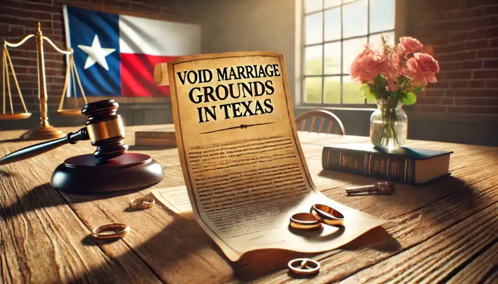 A cinematic, wide-angle, photo-realistic image with summer vibes depicting a legal document titled 'Void Marriage Grounds in Texas' placed on a rustic wooden desk. The document is partially rolled, surrounded by a gavel, a pair of wedding rings, and a Texas flag subtly visible in the background. Sunlight streams through a nearby window, casting warm, inviting shadows, while the setting evokes the seriousness of legal decisions. The mood is professional yet approachable, emphasizing the concept of void marriage laws in Texas.
