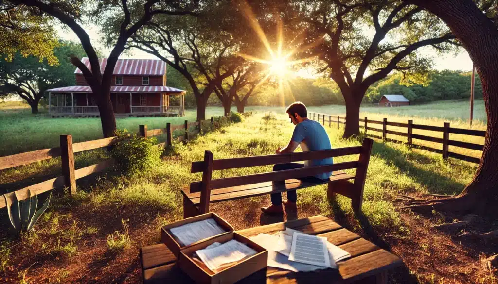 A cinematic, wide-angle, photo-realistic image with summer vibes depicting a person sitting alone on a wooden bench in a sunlit Texas park, deep in thought. The individual, casually dressed, is holding a folder labeled 'Marriage Documents' with scattered legal papers on the bench beside them. The background features tall trees, soft sunlight filtering through the leaves, and a distant rustic fence, creating a peaceful yet introspective atmosphere. The scene conveys the emotional weight of contemplating the next steps after discovering a void marriage.