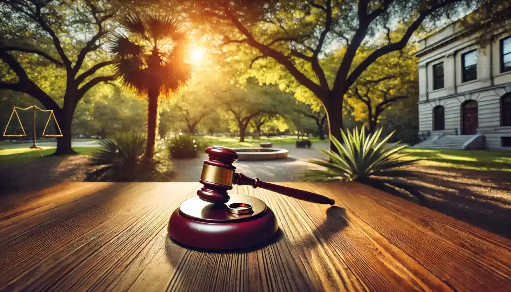 A photo-realistic wide-angle cinematic image of a legal-themed scene in a sunny summer setting. A courtroom-inspired outdoor setup with a single judge's gavel on a wooden table, surrounded by lush green trees and warm lighting. In the background, a subtle nod to the concept of marriage, such as a lone wedding ring resting beside the gavel. The mood is serene yet serious, emphasizing the legal recognition of one spouse at a time in Texas. Vibrant and inviting summer vibes complete the scene.