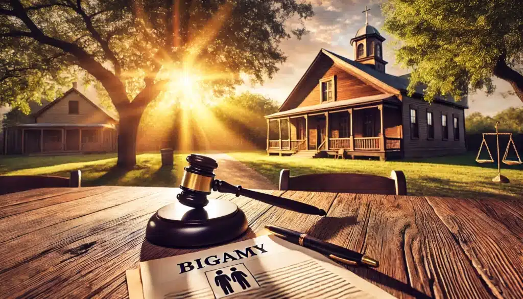 A photo-realistic wide-angle cinematic image depicting the legal consequences of polygamy in Texas. The scene shows a dramatic outdoor setting with a courthouse in the background, bathed in warm summer sunlight. In the foreground, a single gavel and a legal document symbolizing bigamy charges rest on a wooden table. The mood is serious but visually engaging, with a vibrant summer atmosphere featuring green trees and golden light enhancing the setting's cinematic appeal.