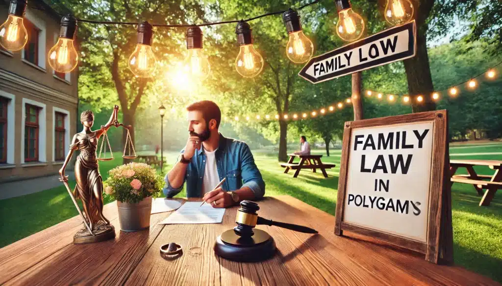 A photo-realistic wide-angle cinematic image illustrating the concept of protecting legal rights in polygamous situations. The scene features an outdoor summer setting with a family law office sign prominently displayed near a serene park. A thoughtful individual sits at a wooden table under string lights, reviewing legal documents, with a wedding ring and a gavel subtly placed nearby. The warm sunlight filters through green trees, creating a vibrant and hopeful atmosphere while highlighting the importance of understanding family law in complex situations.