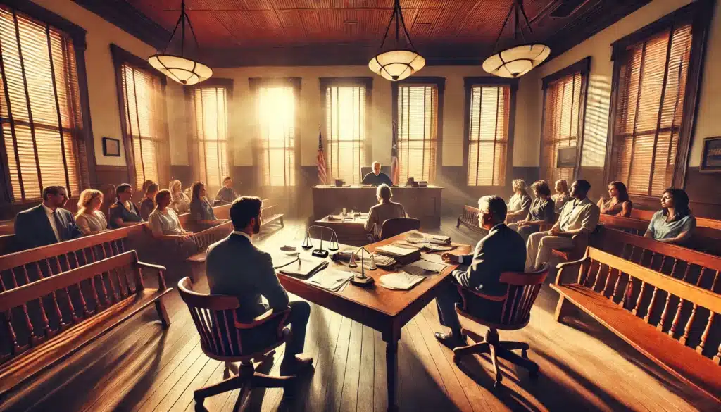 A cinematic, wide-angle, photo-realistic image of a court setting in Texas during the summer, where paternity testing is being discussed. The scene features a bright and airy courtroom with sunlight streaming through large windows, casting warm highlights on wooden benches and desks. A judge sits at the bench, with attorneys and clients engaged in a focused discussion. Papers and legal documents are spread across the desks, emphasizing the serious yet professional atmosphere. The scene captures the importance of the topic while maintaining a hopeful and collaborative summer vibe.