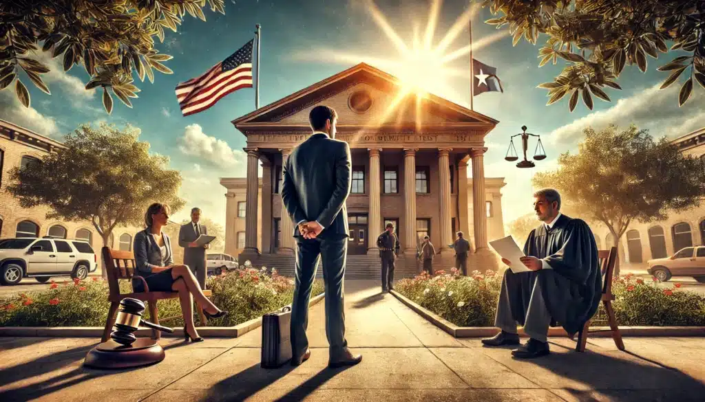 A cinematic, wide-angle, photo-realistic image depicting the consequences of refusing a court-ordered paternity test in a Texas summer setting. The scene features a courthouse exterior under bright sunlight, with a concerned individual holding legal documents and standing at the steps of the courthouse. Nearby, a lawyer and another individual engage in a serious discussion, emphasizing the gravity of the legal implications. The background includes lush greenery and an American flag waving gently in the breeze, creating a warm yet solemn summer vibe.