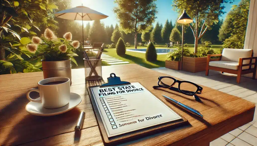 A cinematic, photo-realistic wide-angle image of a modern desk outdoors in a summer setting, featuring a detailed checklist for determining the best state for filing for divorce. The checklist is written on a clipboard, placed alongside a pen, glasses, and a coffee cup. Warm natural sunlight streams through nearby trees, casting soft shadows, while vibrant greenery and a clear blue sky enhance the inviting summer atmosphere. The scene feels organized, professional, and approachable.