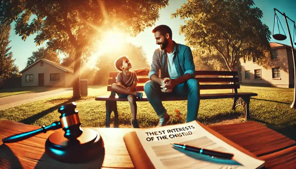 A cinematic, photo-realistic wide-angle image capturing summer vibes. The scene depicts a thoughtful moment symbolizing the best interests of the child in custody cases. A serene park setting features a parent and child sitting on a bench, smiling and engaged in conversation, with legal documents subtly placed nearby. Warm sunlight filters through the trees, creating an atmosphere of care, clarity, and hope, emphasizing family bonds and thoughtful decision-making.