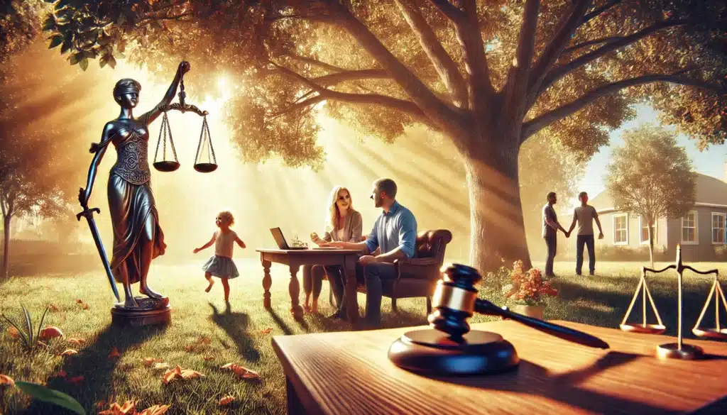 A cinematic, photo-realistic wide-angle image capturing summer vibes. The scene represents factors influencing custody decisions in family law. A thoughtful family court setting is depicted outdoors in a bright, summer park. A judge's gavel and balanced scales of justice rest on a table under an oak tree, with parents discussing calmly nearby. A child plays joyfully in the background, symbolizing the focus on their best interests. Warm sunlight filters through the trees, emphasizing fairness, clarity, and hope.