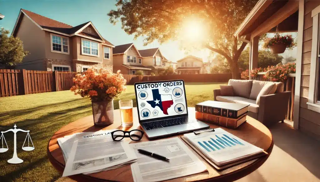 A wide-angle, photo-realistic, cinematic summer-themed image depicting an overview of Texas custody orders. The scene shows a well-organized desk outdoors with legal documents, a Texas map, and a laptop open to family law resources. The background features a warm, sunny suburban neighborhood with a bright sky and lush trees, evoking summer vibes. The image reflects clarity, determination, and professionalism, symbolizing navigating custody processes in Texas.