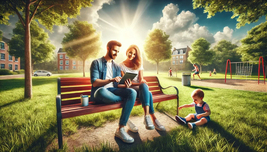A wide-angle, photo-realistic, cinematic summer-themed image illustrating practical tips for effective co-parenting. The scene shows two parents sitting together on a park bench under a bright summer sky, reviewing a shared calendar on a tablet. Nearby, their child happily plays on a grassy field, symbolizing collaboration and harmony. The background features lush green trees, vibrant sunlight, and a peaceful suburban park setting, evoking summer vibes and a sense of positivity.