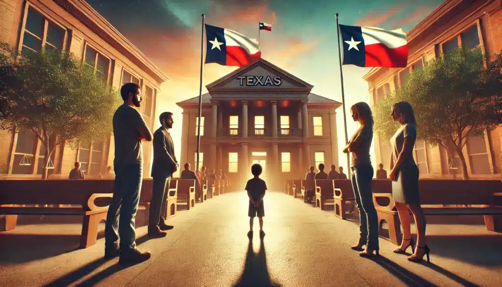 A cinematic, wide-angle, photo-realistic image of a Texas custody battle scene. The setting features a courthouse in the background with the Texas flag waving prominently, a warm summer sky overhead. In the foreground, parents stand on opposite sides with their child in the middle, symbolizing the emotional tension of custody disputes. The scene captures both the seriousness of the legal battle and the summer vibes, with bright lighting and subtle emotional undertones. The image is immersive and detailed, conveying the essence of a Texas custody battle involving children.