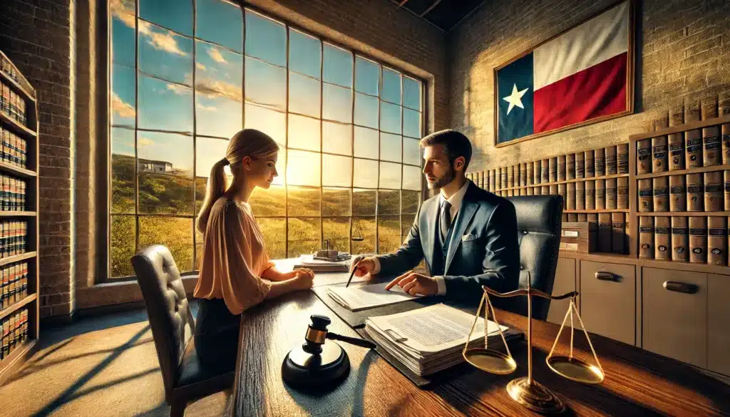 A cinematic, wide-angle, photo-realistic image highlighting the importance of legal representation in custody matters. The scene shows a professional attorney sitting with a client in a bright, well-lit office, reviewing legal documents together. The attorney appears confident and supportive, while the client looks attentive and hopeful. Outside the large windows, summer sunlight illuminates the Texas landscape with warm hues. The setting conveys professionalism, trust, and optimism, emphasizing the critical role of legal representation in custody cases. Subtle details like a framed Texas flag and scales of justice on the desk tie the theme together.