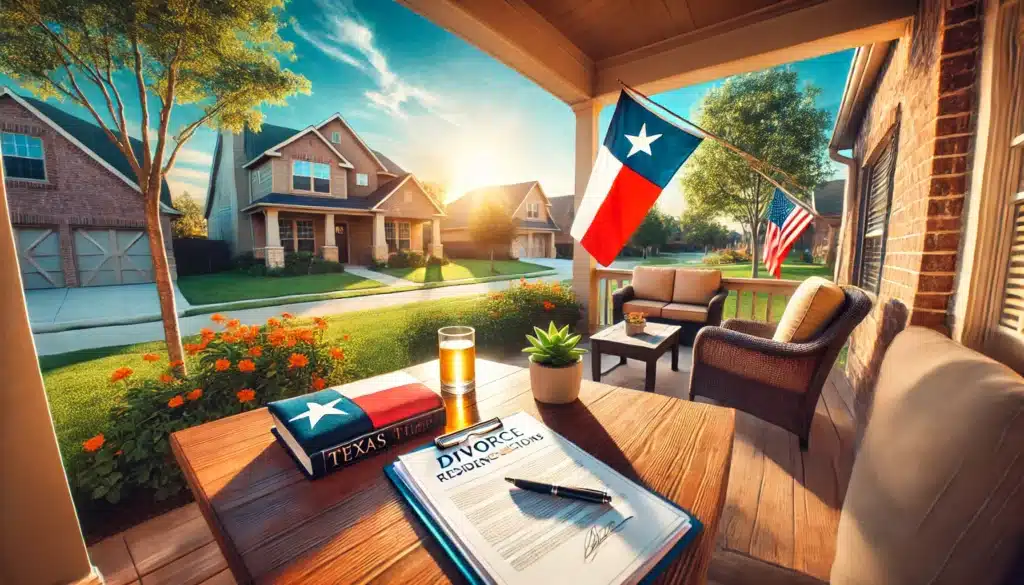 A wide-angle, photo-realistic, cinematic image capturing summer vibes in Texas. The scene features a serene suburban neighborhood under a clear blue sky, with a Texas flag prominently displayed on a porch. A table on the patio holds legal documents and a pen, symbolizing the process of understanding divorce residency requirements. Warm sunlight bathes the scene, emphasizing a reflective and optimistic mood. The environment feels welcoming and professional, blending themes of family, law, and new beginnings.