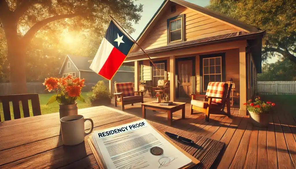 A wide-angle, photo-realistic, cinematic image capturing summer vibes in Texas. The scene features a suburban home with a Texas flag prominently displayed on the porch. A wooden table on the patio holds legal documents marked 'Residency Proof' alongside a pen and a coffee cup. Warm golden sunlight filters through nearby trees, casting a peaceful glow over the setting. The environment conveys a sense of clarity, professionalism, and the process of proving residency for Texas divorce cases.