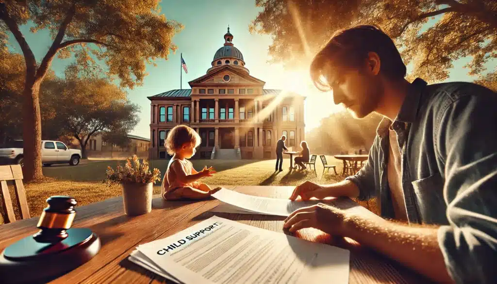A wide-angle, photo-realistic, cinematic summer scene representing child support modification in Texas. The image features a thoughtful parent reviewing legal documents at an outdoor table, with a courthouse visible in the distance. Sunlight filters through the trees, creating a warm yet serious atmosphere. A child plays in the background, symbolizing the focus on their well-being. The image captures the emotions of financial responsibility, legal adjustments, and family dynamics.