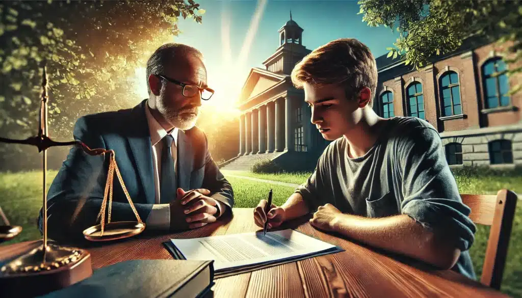 A wide-angle, photo-realistic, cinematic summer scene depicting the importance of legal representation in child support cases. The image features a concerned parent sitting across from a lawyer at an outdoor table, discussing legal documents. The lawyer is reviewing paperwork, offering guidance. Sunlight filters through the trees, casting a warm but serious tone on the discussion. In the background, a courthouse stands tall, symbolizing the legal process. The atmosphere conveys trust, determination, and the significance of professional legal help.