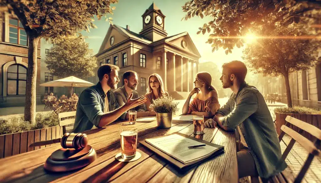 A wide-angle, photo-realistic, cinematic summer scene depicting real-life examples and case studies related to child support modifications. The image features a group of people sitting at an outdoor café, engaged in deep conversation, with legal documents on the table. One person gestures as if sharing a personal story, while another takes notes. The warm summer sunlight casts a golden hue, creating an inviting yet serious atmosphere. In the background, a courthouse symbolizes the legal aspect of child support modifications. The scene conveys the importance of shared experiences and legal insights.