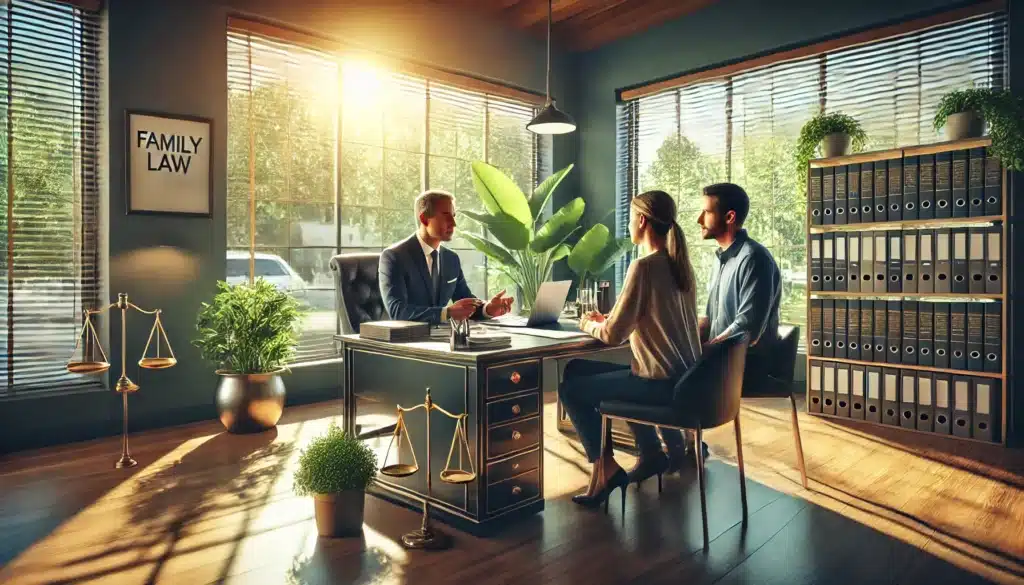 A photo-realistic, cinematic wide-angle image of a family law attorney providing guidance to clients in a professional and welcoming office. The attorney sits at a polished desk with open legal documents and a laptop, engaging warmly with a couple seated across. Sunlight streams through large windows, casting a summer glow and highlighting potted greenery in the background. The atmosphere is calm and supportive, reflecting the importance of legal representation and the trust between the attorney and the clients. The setting is modern, organized, and inviting.