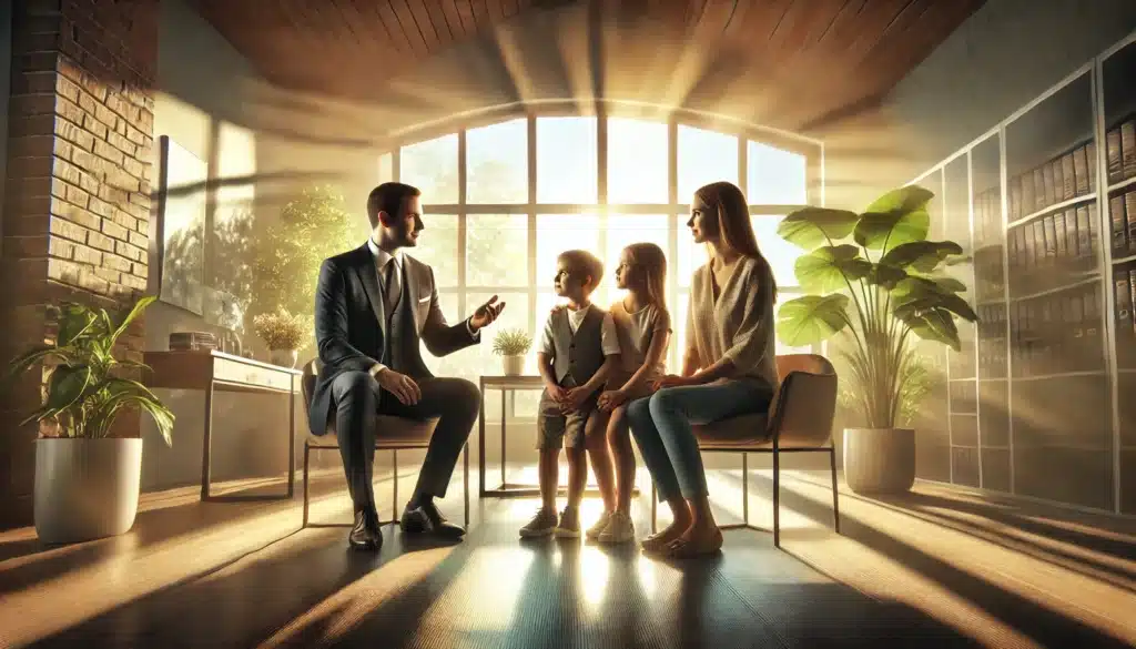 A photo-realistic, cinematic wide-angle image representing the protection of family futures in legal matters. The image features a family of four (parents and two children) sitting together with a family law attorney in a bright, professional office. The attorney gestures reassuringly, symbolizing guidance and support. Sunlight streams through large windows, casting a warm summer glow, with greenery and modern decor creating a serene and inviting environment. The family looks hopeful and engaged, reflecting the importance of safeguarding their future through legal expertise.