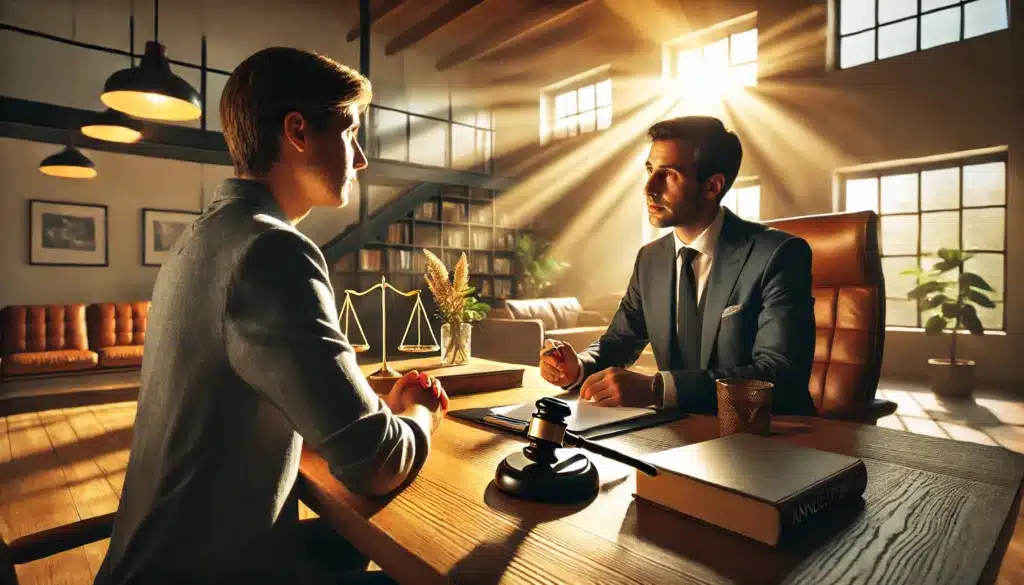 A wide angle, photo-realistic cinematic image of a Texas family law attorney discussing annulments with a client. The scene should evoke a sense of warmth and professionalism, with the attorney sitting at a wooden desk, explaining the annulment process to a thoughtful client. The setting should be a modern office with natural sunlight streaming in through large windows, creating a calm and inviting atmosphere. The attorney is dressed professionally, and the client is listening intently, their body language showing curiosity and concern. The background should have a summer vibe with bright light and a welcoming feel, emphasizing the importance of legal guidance in a personal situation.