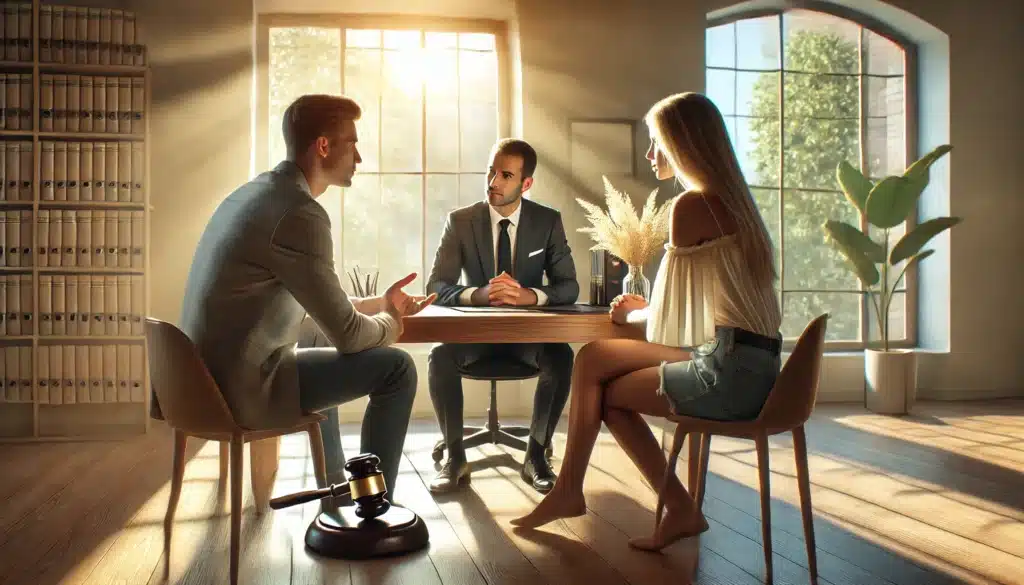 A wide angle, photo-realistic cinematic image of an annulment attorney consulting with a couple about their options. The scene should convey warmth, professionalism, and trust, with the attorney sitting at a desk, explaining annulment options to the couple. The setting is a modern office with natural sunlight streaming through large windows, creating a calm and inviting atmosphere. The couple is engaged in the conversation, showing signs of contemplation and curiosity. The attorney is dressed professionally, and the office has a bright, summer vibe with soft light highlighting the important legal discussion.