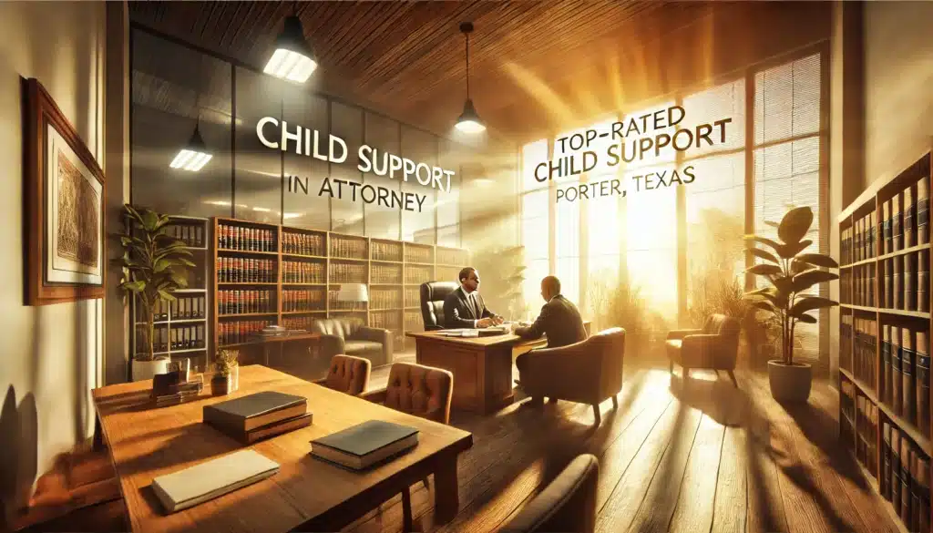 A wide-angle, photo-realistic, cinematic image of a top-rated child support attorney’s office in Porter, Texas. The office is warm and inviting, with summer vibes conveyed through bright sunlight filtering through large windows. The scene captures a professional attorney meeting with a client in a well-lit office, surrounded by legal books, documents, and a comfortable, welcoming environment. The atmosphere suggests trust, expertise, and support, with a subtle reflection of the warm Texas landscape visible outside the office windows, contributing to the cinematic and relaxed summer vibes.