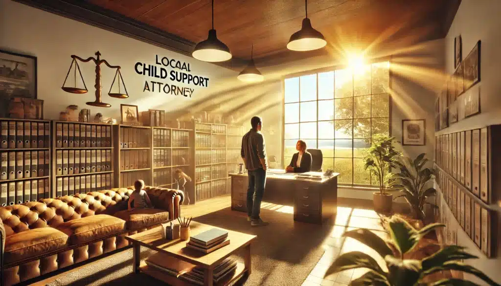 A wide-angle, photo-realistic, cinematic image of a local child support attorney’s office in Porter, Texas. The scene depicts a friendly and professional environment with summer vibes, where a trusted attorney is meeting with a client in a modern, sunlit office. The warm, golden sunlight flows through large windows, illuminating the room filled with legal documents and books. The attorney is engaged in a thoughtful conversation, symbolizing support and guidance, with a glimpse of the peaceful Texas landscape outside. The image reflects a sense of trust, professionalism, and local expertise.