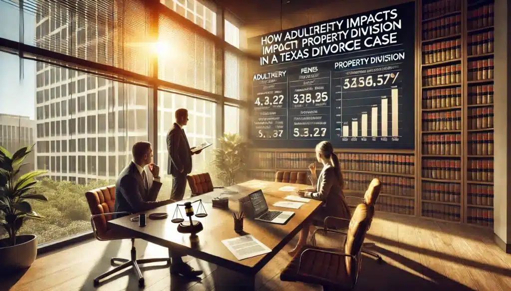 A wide-angle, photo-realistic cinematic image with summer vibes. The scene features a professional law office where a Texas family law attorney is presenting a detailed chart on how adultery impacts property division in a Texas divorce case. The chart is displayed on a sleek conference table with legal documents, pens, and a laptop nearby. A concerned client listens attentively while sunlight filters through large office windows, casting a warm and serious atmosphere. The setting emphasizes the legal complexities and financial consequences of infidelity in a divorce.