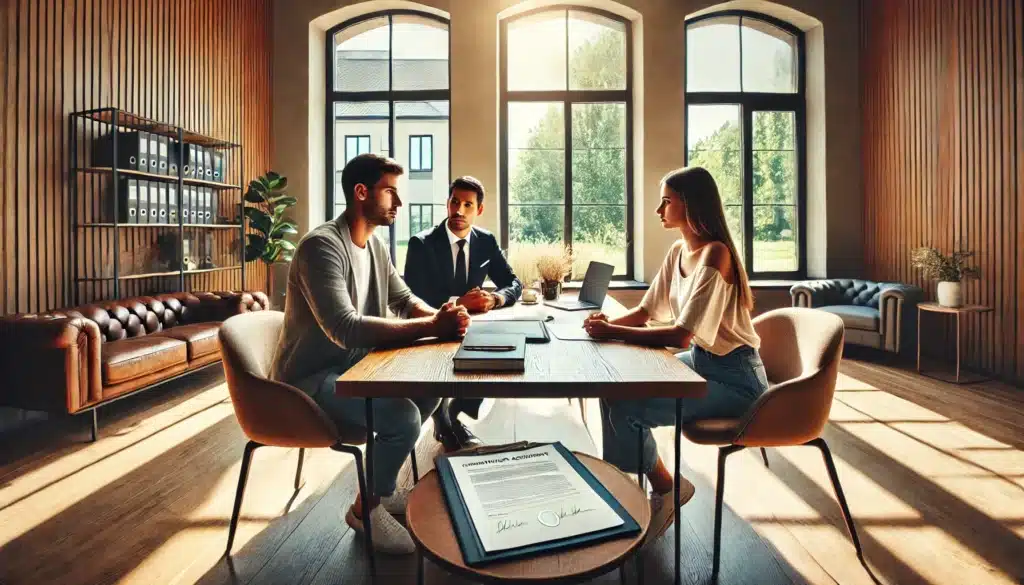 A wide-angle, photo-realistic, cinematic image with summer vibes. A couple sits at a wooden table in a stylish law office, discussing a cohabitation agreement for separation with a lawyer. The setting is professional yet warm, with large windows letting in natural light. Legal documents, a laptop, and a coffee cup are on the table. The couple appears serious but cooperative, ensuring a smooth and fair separation process.