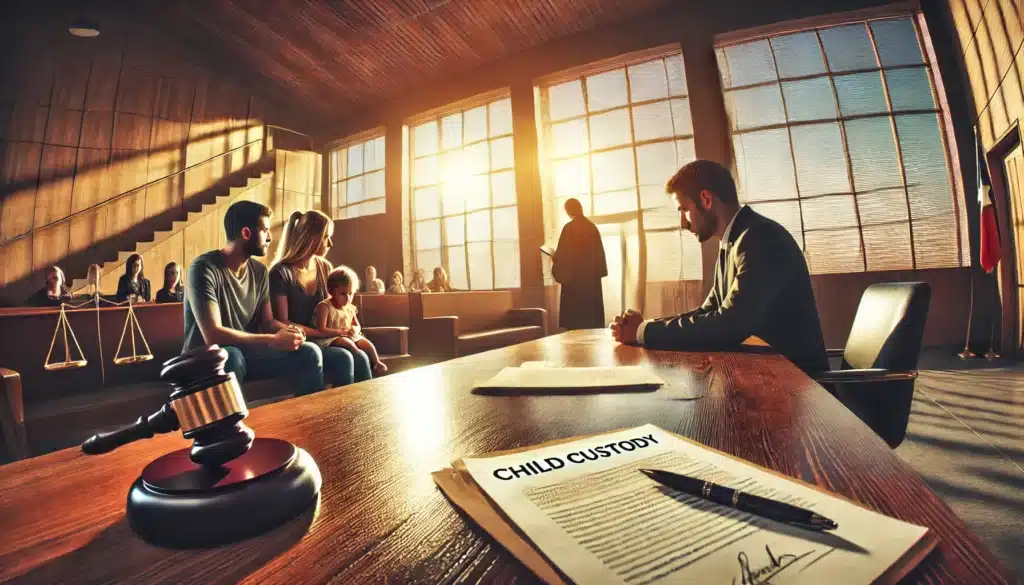 A wide-angle, photo-realistic cinematic image with summer vibes. The scene represents child custody arrangements affected by infidelity in a Texas divorce. A courtroom setting where a judge is reviewing custody documents while two parents sit on opposite sides of a legal table, looking tense. A child custody agreement is placed on the polished wooden desk, symbolizing the legal impact of infidelity. In the background, a blurred image of a young child being comforted by a guardian highlights the emotional stakes. Sunlight filters through large windows, casting a serious but warm atmosphere.