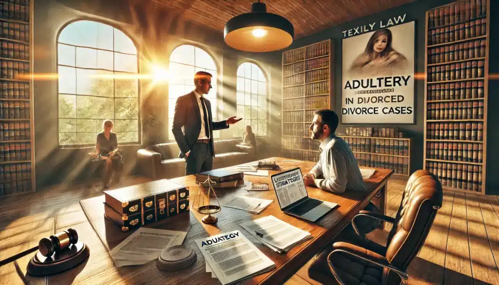 A wide-angle, photo-realistic cinematic image with summer vibes. The scene captures a legal office where a Texas family law attorney is discussing legal strategies for handling adultery in divorce cases with a client. A polished wooden desk is covered with legal documents, strategy notes, and a laptop. The attorney is pointing to a document outlining key legal arguments while the client listens attentively. Sunlight filters through large office windows, casting a warm yet serious atmosphere. The setting conveys a professional yet personal approach to navigating adultery-related divorce cases.