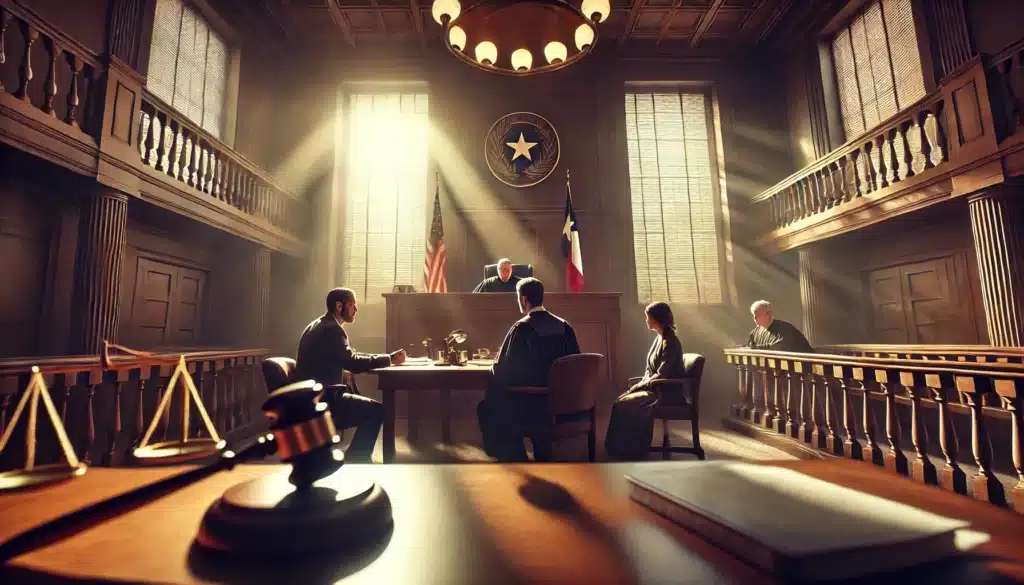 A cinematic, photo-realistic wide-angle image of a courtroom scene where custody decisions are being made. The setting is a grand Texas courtroom with warm summer sunlight streaming through tall windows. A judge, dressed in formal robes, is seated at the bench, carefully reviewing legal documents. In the foreground, two attorneys—one representing each parent—are making their arguments, while the parents sit anxiously at their respective tables. The atmosphere is serious and intense, with a focus on the judge’s gavel resting on the bench, symbolizing the weight of the decision. The background subtly features the Texas state seal, reinforcing the legal setting. The mood is dramatic yet professional, emphasizing the importance of legal representation in child custody cases.