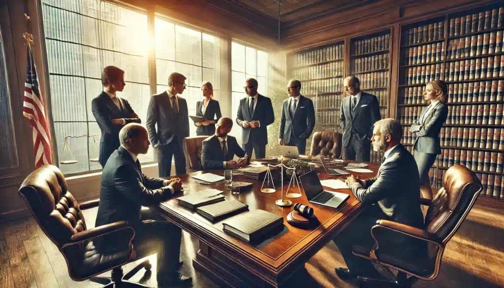 A cinematic, photo-realistic wide-angle image of a group of experienced Houston child custody lawyers collaborating on a case. The setting is a modern law office with large windows allowing warm summer sunlight to stream in. The lawyers, dressed in professional attire, are gathered around a polished wooden conference table, engaged in a serious discussion. Legal documents, laptops, and notepads are spread across the table, emphasizing their focus on the case. The background features bookshelves filled with legal texts and a subtle view of the Houston skyline through the windows, reinforcing the local setting. The atmosphere is professional yet dynamic, capturing the intensity and dedication of legal professionals working on a custody case.