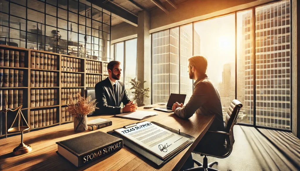 A cinematic, photo-realistic wide-angle image of a legal consultation in a modern Texas law office. A professional attorney is sitting across from a client, discussing Texas spousal support laws. The office is illuminated by warm summer sunlight streaming through large windows, with a view of a Texas cityscape in the background. Legal documents, a notepad, and a laptop are placed on the desk, emphasizing the legal discussion. The atmosphere is professional yet inviting, capturing the importance of understanding legal requirements for alimony in Texas.
