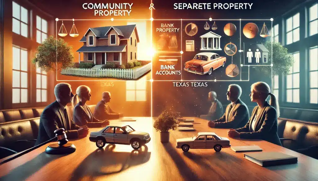 A cinematic, wide-angle, photo-realistic image illustrating the concept of community and separate property in Texas divorces. The image features a split view: on one side, a couple is in a courtroom discussing property division with their lawyers, while on the other side, a visualization of assets (a house, car, bank accounts, and investments) is shown divided into 'community property' and 'separate property' sections. The scene is bathed in warm summer sunlight, emphasizing the tension and high stakes of asset division.