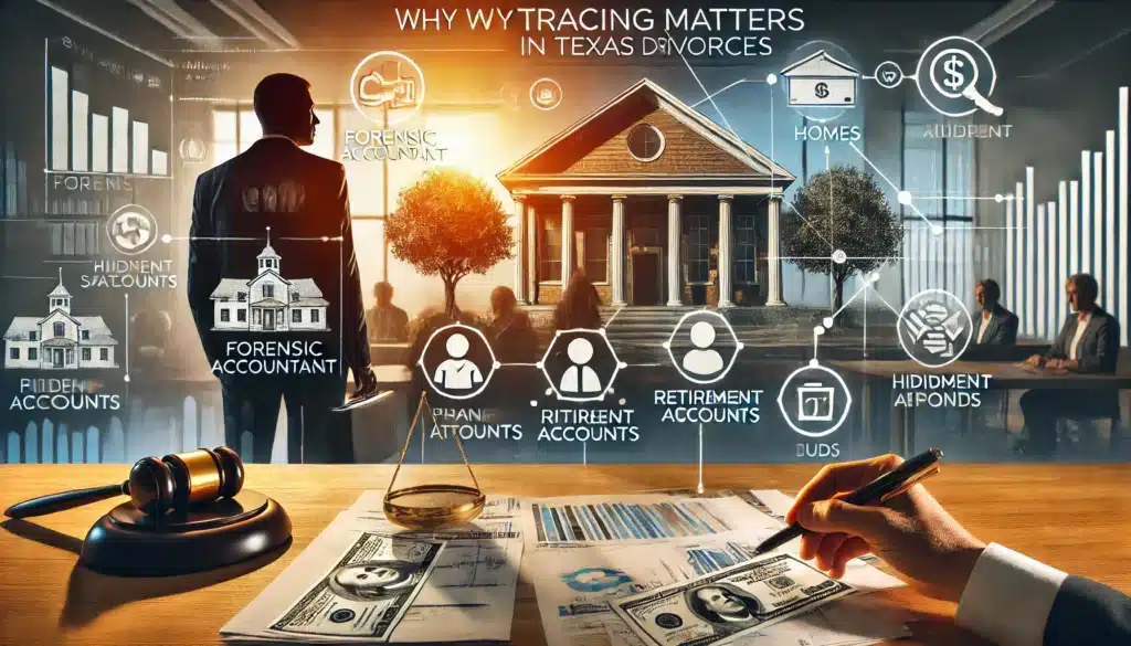 A cinematic, wide-angle, photo-realistic image illustrating why tracing matters in Texas divorces. The image features a visually engaging split-screen concept: on one side, a forensic accountant analyzes financial records, bank statements, and property deeds; on the other side, a courtroom scene where an attorney presents traced financial evidence to a judge. Icons representing assets like homes, retirement accounts, and hidden funds overlay the scene, emphasizing the importance of asset tracing. The setting is bathed in warm summer sunlight, adding depth and realism to the high-stakes atmosphere.