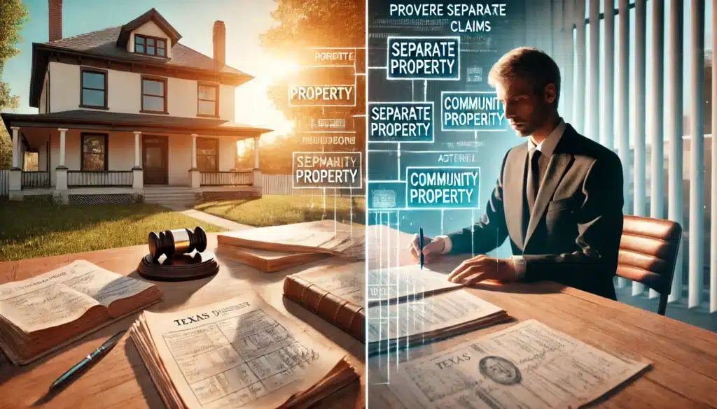 A cinematic, wide-angle, photo-realistic image illustrating the process of proving separate property claims in Texas divorces. The scene is split into two perspectives: on one side, a person is reviewing old financial records, property deeds, and inheritance documents at a sunlit outdoor table, looking determined. On the other side, a courtroom setting shows an attorney presenting evidence to the judge, with a digital overlay of assets labeled 'Separate Property' and 'Community Property.' The summer sunlight enhances the serious yet hopeful atmosphere, emphasizing the high stakes of asset division.