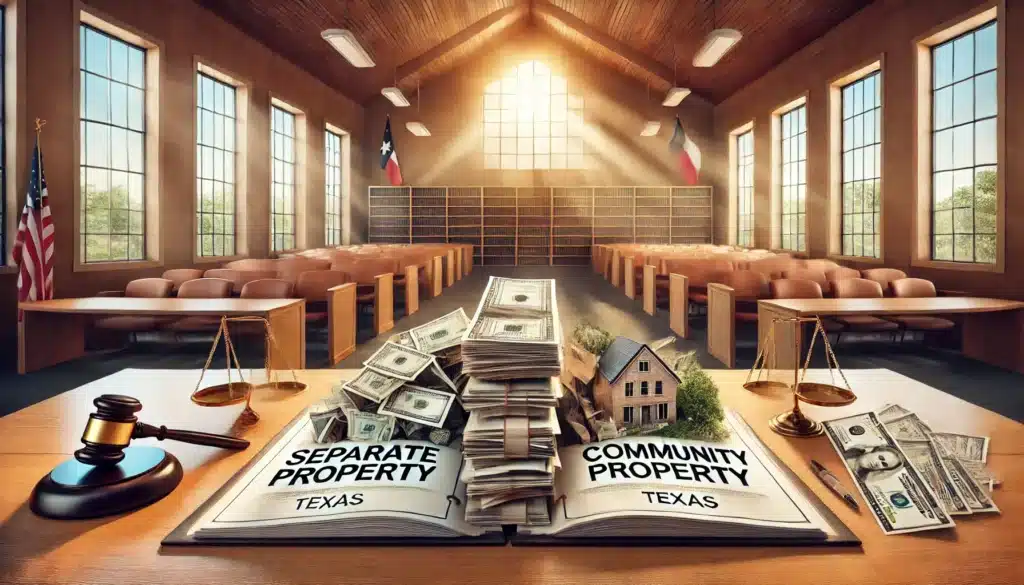 A cinematic, photo-realistic wide-angle image illustrating the concept of commingled property in a Texas divorce. The scene features a split view of finances—one side showing a neatly labeled stack of 'Separate Property' documents and assets, while the other side displays a chaotic mix of 'Community Property' funds, investments, and real estate deeds tangled together. A Texas courtroom setting in the background highlights the legal complexities. The summer sunlight streams through large windows, giving the image a warm yet serious tone, emphasizing the financial stakes in a divorce.