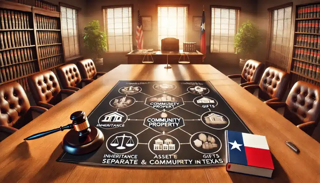 A cinematic, photo-realistic wide-angle image illustrating a diagram of separate and community property in Texas. The diagram is set on a large wooden table in a well-lit legal office with warm summer sunlight streaming through the windows. On one side of the diagram, clear icons and labels represent 'Separate Property' such as inheritance, pre-marriage assets, and gifts. On the other side, 'Community Property' is illustrated with joint accounts, shared real estate, and earnings acquired during marriage. A Texas-themed legal book and a judge’s gavel rest beside the diagram, emphasizing the legal context.