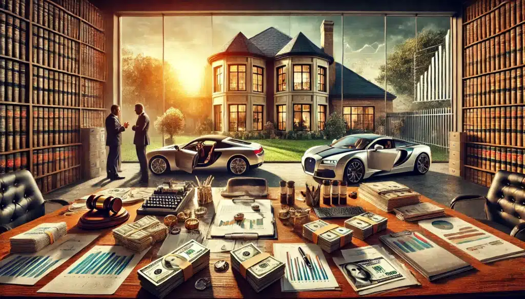 A cinematic, photo-realistic wide-angle image representing high-value assets affected by commingling in a Texas divorce. The scene showcases a luxurious estate, high-end cars, stacks of financial documents, and investment portfolios spread across a large wooden desk in a well-lit law office. A tense legal discussion unfolds in the background between a lawyer and a divorcing couple, symbolizing the complexity of asset division. Warm summer sunlight filters through large windows, casting a dramatic glow on the scene, emphasizing the financial stakes of commingling.