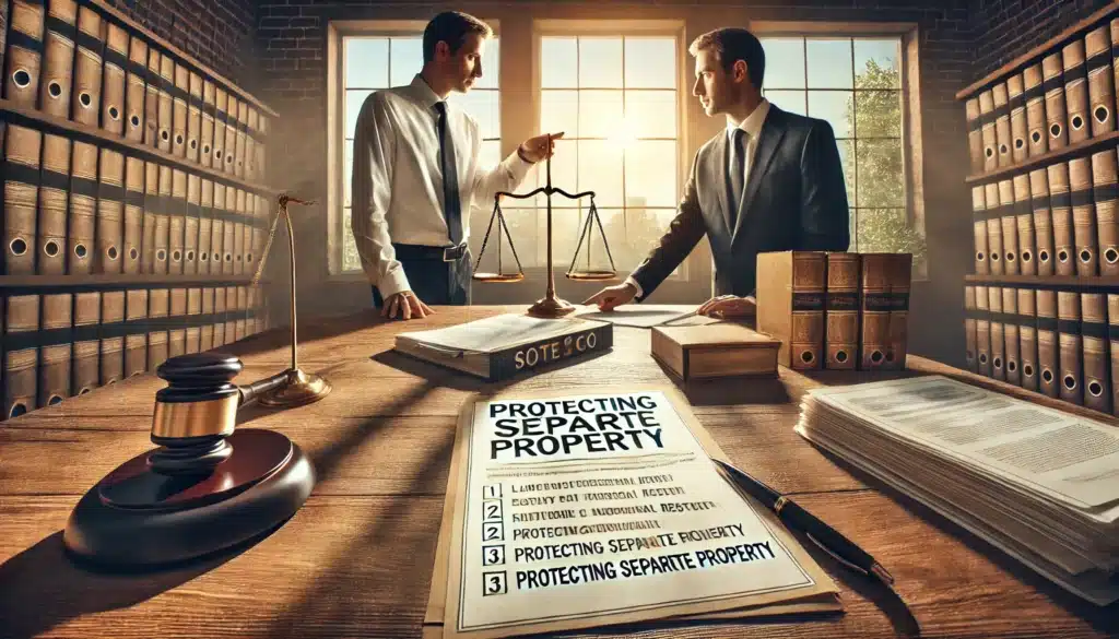 A cinematic, photo-realistic wide-angle image illustrating strategies to protect individual property rights during divorce. The scene features a well-lit law office with a large wooden desk covered in legal documents, financial records, and a checklist of asset protection strategies. A confident attorney is advising a client, pointing at a document labeled 'Protecting Separate Property.' In the background, a scale of justice symbolizes fairness in asset division. Warm summer sunlight streams through large windows, giving the scene an inviting yet serious tone.