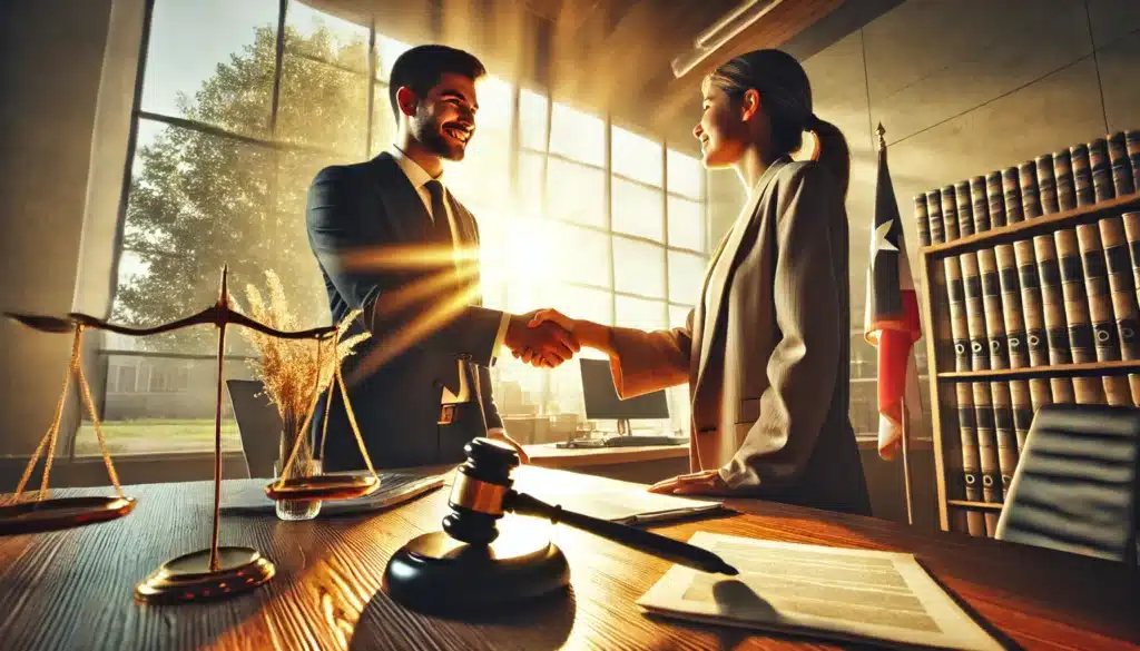 A wide-angle, photo-realistic, cinematic image with summer vibes, depicting the benefits of legal representation in Texas divorce cases. The scene features a confident attorney shaking hands with a relieved client in a bright, modern law office. Warm sunlight filters through large windows, casting a golden glow that conveys optimism and trust. Legal documents, a gavel, and a Texas flag subtly appear in the background, reinforcing the theme of expert legal guidance. The image evokes professionalism, support, and a sense of resolution.