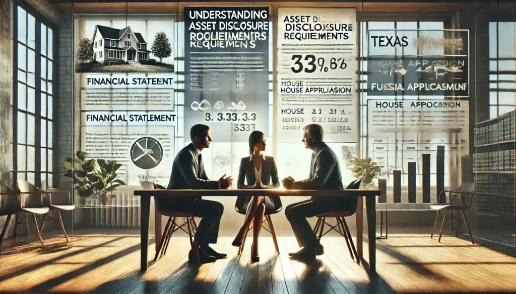 A cinematic, wide-angle, photo-realistic image capturing the essence of understanding asset disclosure requirements in a Texas divorce. The scene is set in a bright, modern law office with large windows allowing warm summer sunlight to stream in. A couple sits across from a professional-looking attorney, who is reviewing financial documents on a sleek wooden desk. The expressions on their faces show tension and concern, emphasizing the seriousness of financial transparency. In the background, subtle elements like a financial statement, a house appraisal report, and a retirement account summary highlight the importance of asset disclosure. The scene conveys legal guidance, financial accountability, and the critical role of full disclosure in Texas divorces.