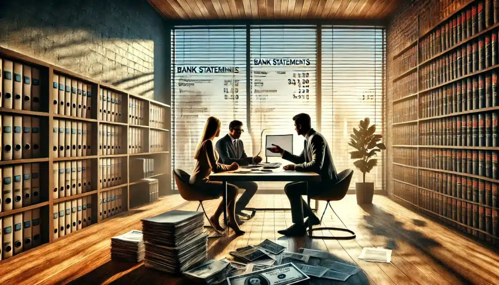 A cinematic, wide-angle, photo-realistic image illustrating the common challenges in financial disclosures during divorce proceedings. The setting is a bright, modern law office with large windows allowing warm summer sunlight to stream in. A tense couple sits across from a professional-looking attorney at a sleek wooden desk, reviewing financial documents. The attorney points to discrepancies in bank statements displayed on a laptop, while the couple shows concern. In the background, elements such as hidden bank statements, a partially concealed property deed, and stacks of paperwork emphasize the financial complexities and transparency issues in divorce cases. The atmosphere conveys legal tension, financial scrutiny, and the importance of full disclosure in Texas divorces.