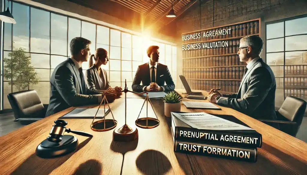 A cinematic, photo-realistic wide-angle image illustrating proactive measures to safeguard business assets during a divorce. The scene features a business owner sitting in a modern office with financial advisors and a lawyer, discussing legal strategies. On the desk, documents labeled 'Prenuptial Agreement,' 'Business Valuation,' and 'Trust Formation' are neatly arranged. A balance scale and legal books in the background symbolize protection and fairness. Warm summer sunlight streams through large windows, creating an inviting and professional atmosphere.