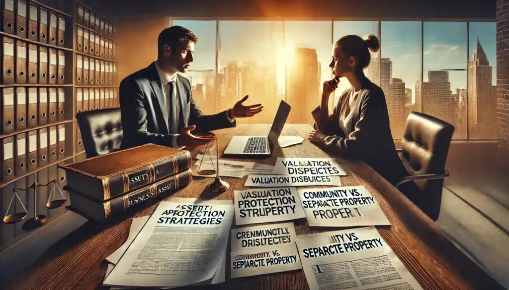 A cinematic, photo-realistic wide-angle image highlighting common challenges in protecting business assets during divorce proceedings. The scene features a business owner sitting at a desk, reviewing financial documents with a concerned expression. Across the table, a lawyer gestures towards a legal contract labeled 'Asset Protection Strategies.' Stacks of documents labeled 'Valuation Disputes,' 'Prenuptial Agreements,' and 'Community vs. Separate Property' are spread out. The background features a city skyline visible through large windows, with warm summer sunlight casting a thoughtful, dramatic atmosphere.