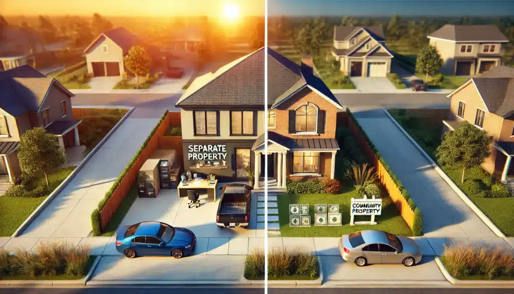 A wide-angle, photo-realistic, cinematic summer scene depicting the concept of separate and community property in Texas. The image features a split view of a modern suburban home with a clear dividing line: one side represents 'Separate Property' with a single owner, and the other side represents 'Community Property' with shared ownership. A business office and a car are on the separate property side, while a jointly owned home and bank accounts are on the community property side. The summer sun casts warm light over the setting, emphasizing the division of assets in Texas law.