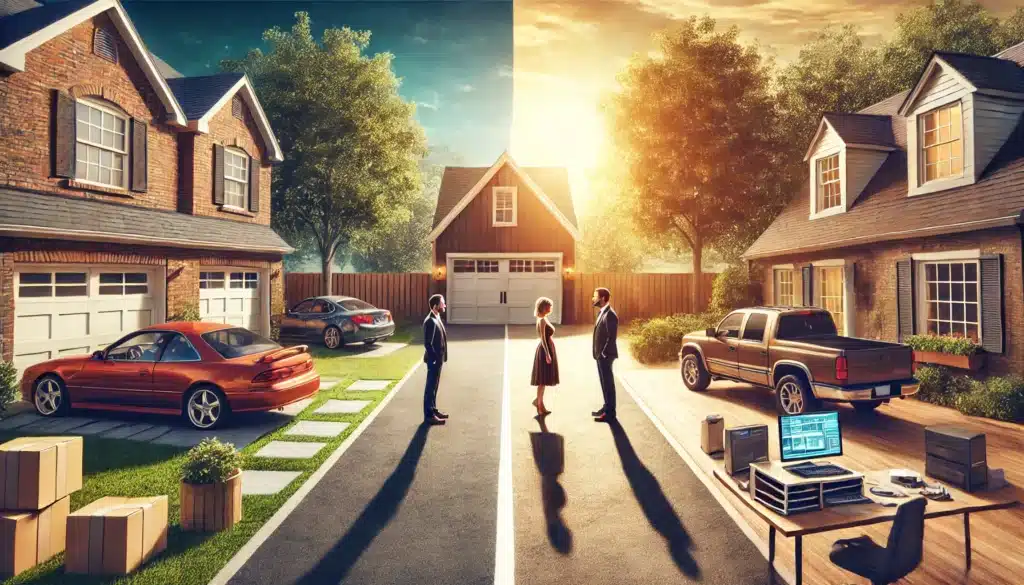 A wide-angle, photo-realistic, cinematic summer scene illustrating the comparison between community property and separate property in Texas. The image is split into two sides: on the left, a couple stands in front of a shared home, representing 'Community Property,' with jointly owned assets such as a house, bank accounts, and vehicles. On the right, an individual stands next to a business office and a car, symbolizing 'Separate Property,' with assets owned independently. The summer sun casts warm light, emphasizing the contrast between shared and individual ownership.