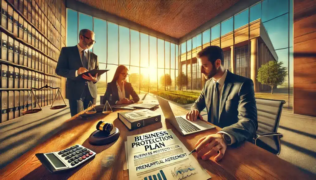 A wide-angle, photo-realistic, cinematic summer scene illustrating the strategies for protecting business interests in a divorce. The image features a determined business owner in a modern office, consulting with a divorce attorney and a financial advisor. Legal documents labeled 'Business Protection Plan' and 'Prenuptial Agreement' are spread across the desk, alongside a laptop displaying financial charts. In the background, a courtroom is subtly visible through floor-to-ceiling windows, symbolizing the legal stakes. The warm summer sunlight casts a golden glow, creating a contrast between the serene exterior and the intense strategy session inside.